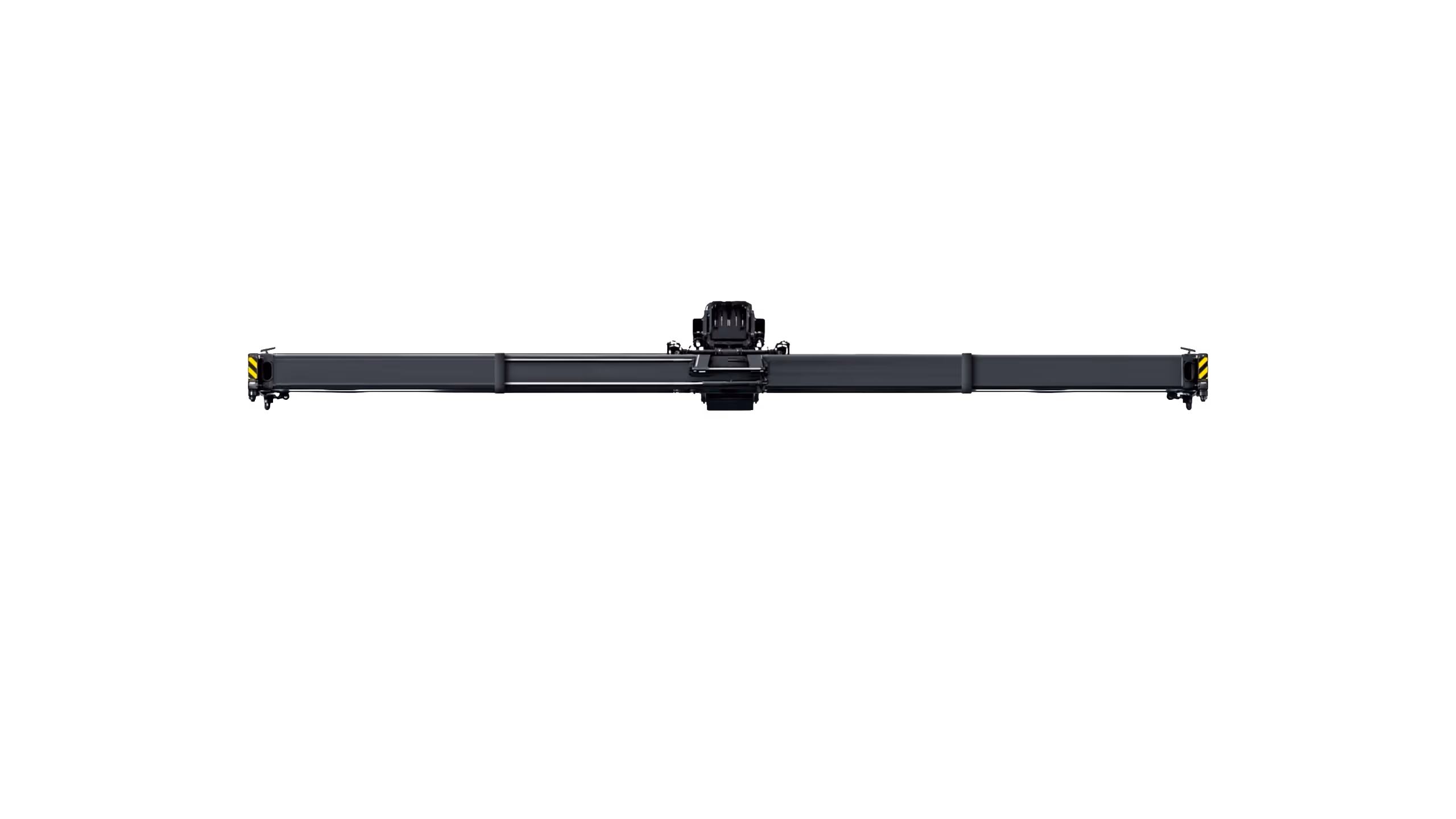 Long black industrial overhead crane rail with a central trolley mechanism on a white background.