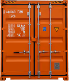 Orange shipping container door with metal locking bars and caution signs.